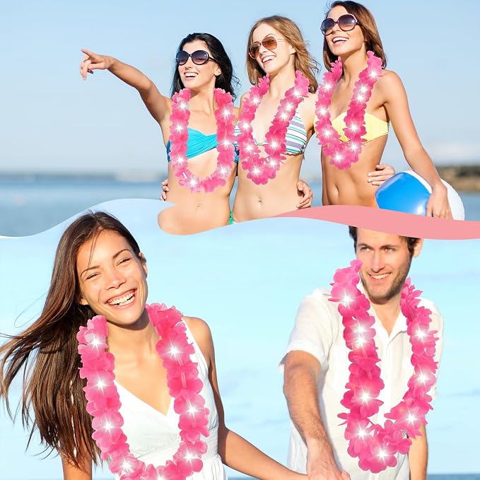 Sherr 48 Pcs LED Hawaiian Leis Light up Flower Leis Necklace with LED Lights Luau Flowers Necklaces for Masquerade Beach Wedding Tropical Themed Party Supplies (Rose Pink)