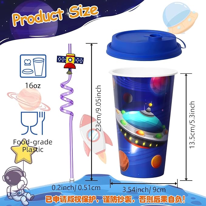 24 Sets Space Birthday Party Decorations Cups with Lids and Straws,16 oz Outer Space Party Favors for Kids, Galaxy Party Supplies Gifts