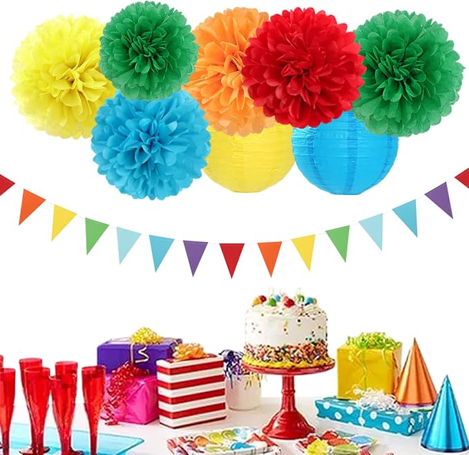 Rainbow Colorful Party-Decorations Paper-Flowers - 15pcs Welcome Back to School Tissue Pom Poms Lanterns Streamers,Carnival Video Game Kids Birthday Graduation Baby Shower Hanging Supplies Hugfond