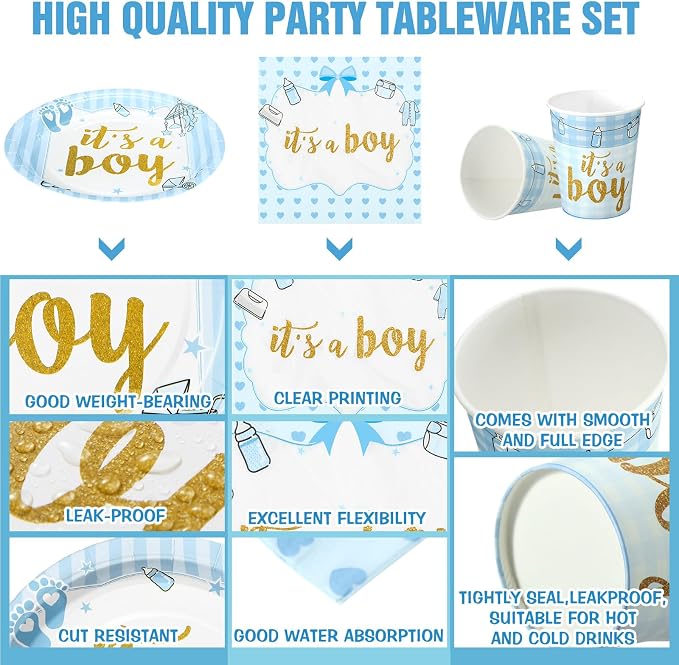 200 Pcs Blue Baby Shower Paper Plates Napkins Cups Boy Baby Shower Party Supplies Tableware Set Blue Disposable Cup Napkin for 50 Guest Boys Spring Party Decoration