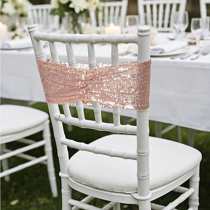 Poise3EHome Rose Gold Sequin Chair Sashes Folding Chair Covers Bow for Party Wedding Reception Decorations, 100 PCS