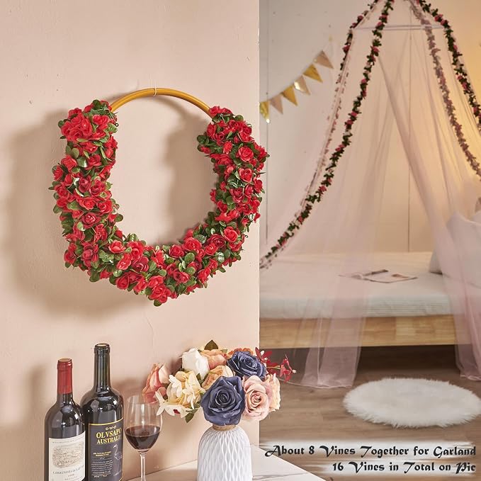 PONKING 6 Pcs x 8.2 ft Flower Garland Artificial Rose Vine Flowers with Green Leaves Hanging Fake Roses Vine for Room Party Home Wedding Birthday Christmas Wall Arch Decor, Spring Red Flower