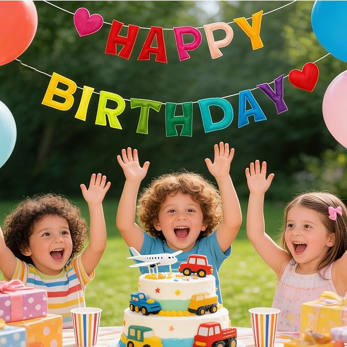 Colorful Pre-Strung 3D Happy Birthday Banner with Heart, Reusable Happy Felt Garland, Rainbow Party Decorations, Personalized Birthday Sign for Girls Boys Womens Mens