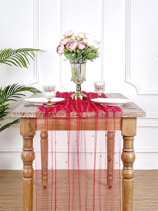Pearl Tulle Table Runner Fabric: Red 10ft Valentines Veil Dessert Christmas Chiffon Pearl Lace Boho Glitter Overlay Wedding Aisle Runner Party Decorations Doilies