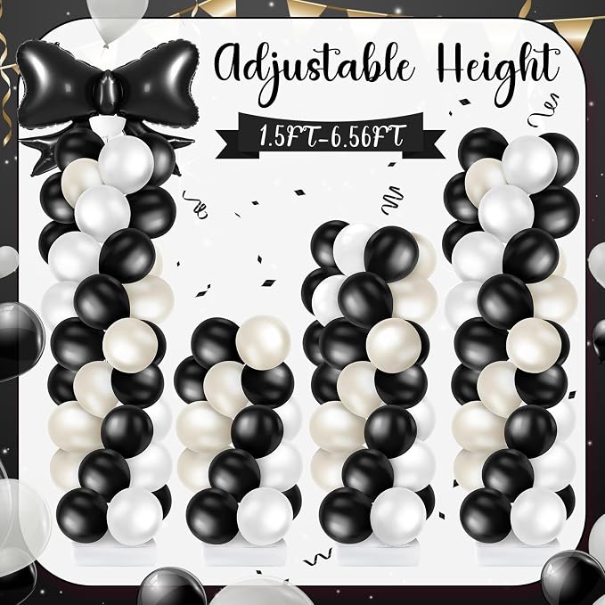 Kasyat 2 Sets Black Bow Balloon Column Stand Kit with 2 Black Bow Foil Balloons 100 Latex Balloons, Adjustable Stands Black and White Balloon Garland Arch for Bridal Princess Birthday Coquette Party