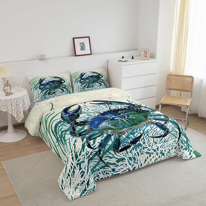 Feelyou Crab Printed Comforter Set Full Size Kids Summer Theme Comforter for Boys Girls Teens Marine Themed Bedding Set Underwater Animal Duvet Set Ocean Creature Quilt