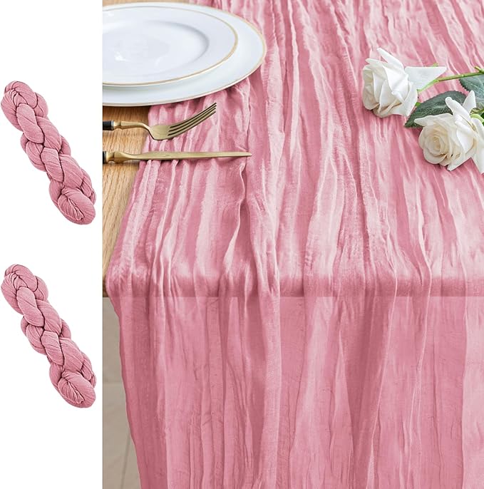 2PCS Table Runner Cheesecloth 10FT Pink Boho Gauze Cheese Cloth Rustic Sheer Table Runners for Wedding Birthday Bridal Baby Shower Party Decoration
