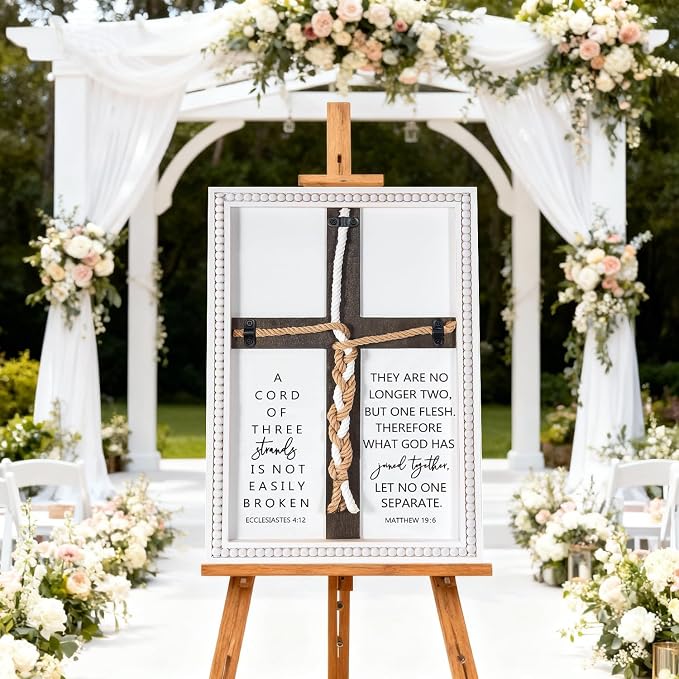 Farmhouse A Cord of Three Strands Wedding Ceremony Sign with Wooden Bead and Hanging Hook, Vintage Rustic Wood Unity Cross for Wedding Ceremony, 11 X 15 Religious Christian Wall Decor Gift for Couple