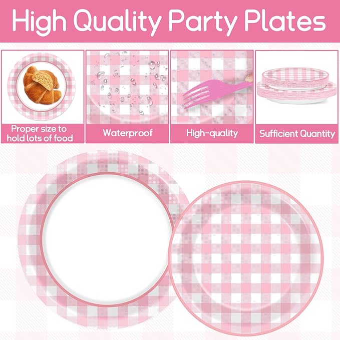200 PCS Pink Checkered Tableware Disposable Pink And White Checkered Party Supplies Dinnerware Set Plaid Plates Outdoor Supplies Girls Barbecue Picnic Birthday Party Decoration Serve 50 guest