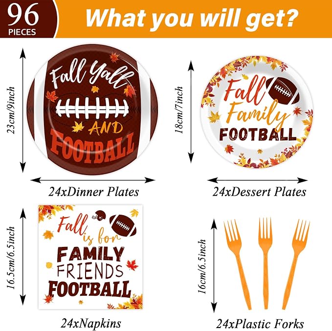 96 Pcs Football Fall Party Supplies Football and Fall Y'all Tableware Plates Napkins Rustic Football Autumn Dinnerware Table Decorations Maple Leaves Thanksgiving Holiday Party Favor for 24 Guests