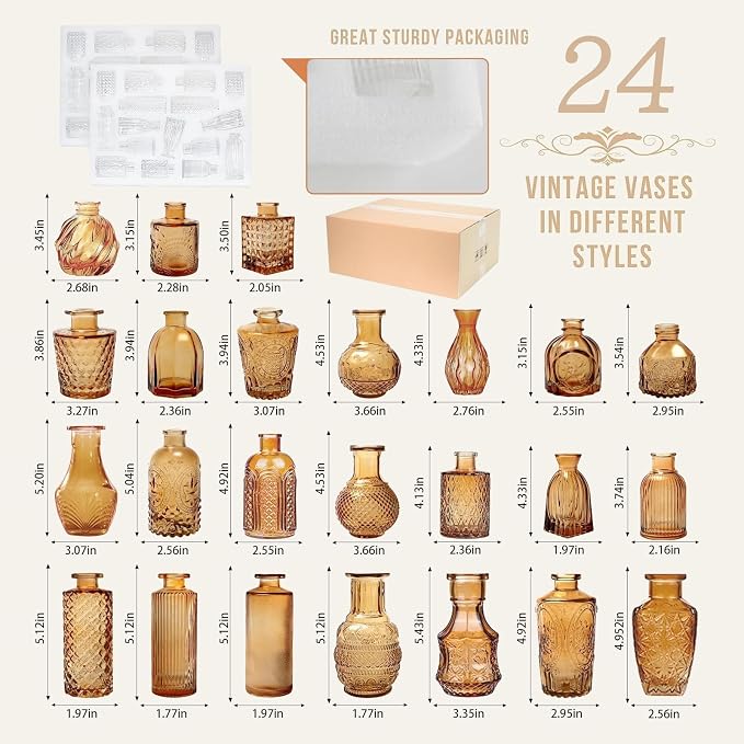 Mini Bud Vases As Wedding Centerpieces for Tables,Clear Bud Vases for Flowers,Small Flower Vases Suitable for Birthday Party,Anniversary,Wedding Reception,Baby Shower (Amber, 24PCS)