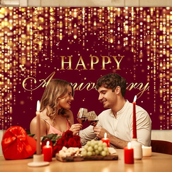 Sensfun Happy Anniversary Backdrop Burgundy Gold Glitter Marriage Wedding Party Decorations Banner Shining Flowing Curtain Happily Ever After Anniversary Sign Photography Background Photo Booth 8x6ft