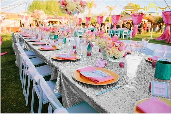 Silver Sequin Tablecloth 60x102 Inch Rectangular Table Cloth for Wedding | No Shedding Sequins, High Density Mesh Backing Design for 6ft Tables, Silver Glitter Linens for Dessert Cake Table Decor