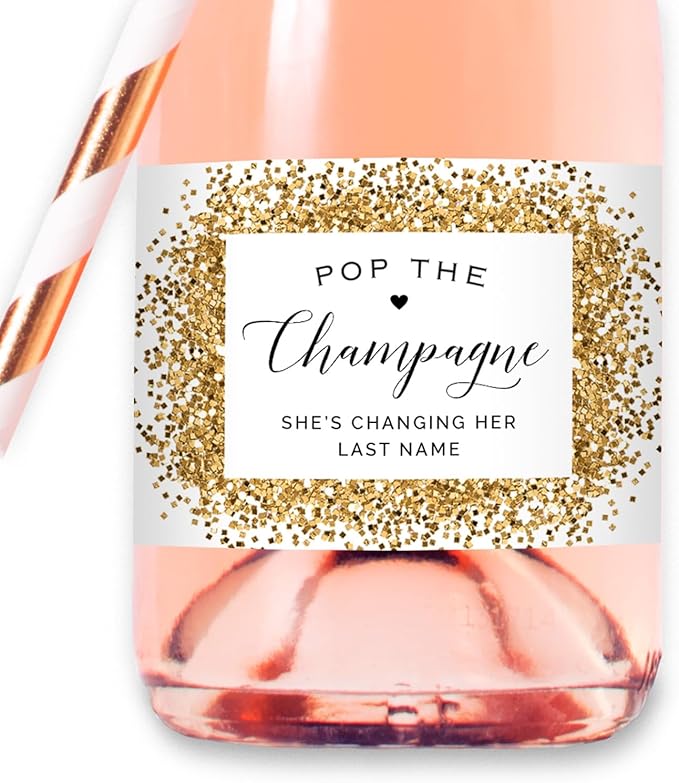 Pop The Champagne - 12 Printed Waterproof Mini Champagne Bottle Labels, Gold (not Real foil) Sticker for Bridal Shower Bachelorette Party (Mini Size Label)