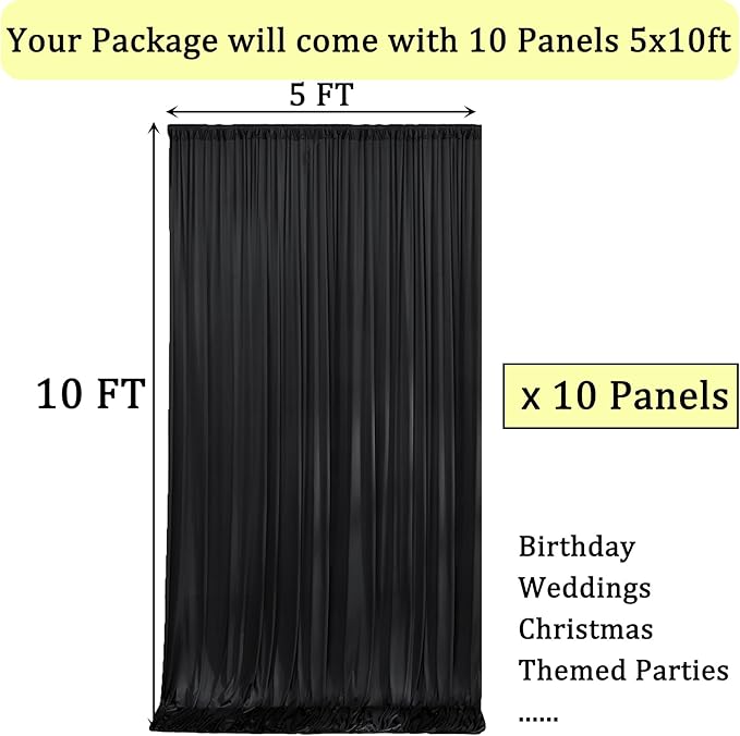 Black Backdrop Curtain for Parties, 10 Panels Wrinkle Free Polyester Photo Backdrop Drapes for Weddings Birthday Anniversary Graduation Stage Photography Background Curtains Bulk, 50 ft x 10 ft