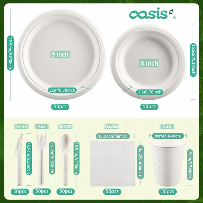 350PCS Disposable Paper Dinnerware Set for 50 Guests, Compostable 50 Dessert Plates, 50 9 inch Plates, 50 Cups, 50 Spoons, 50 Forks, 50 Knives and 50 Napkins, Perfect for Parties(White)