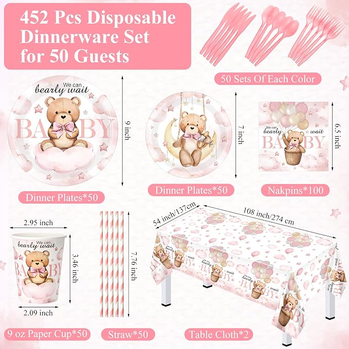 Funnymoom 452 Pcs 50 Guests We Can Bearly Wait Baby Shower Decorations Girl, Blue Baby Girl Shower Paper Plates Napkins Cups Tablecloth Cutlery Straws Tableware Set for Gender Reveal Party Supplies