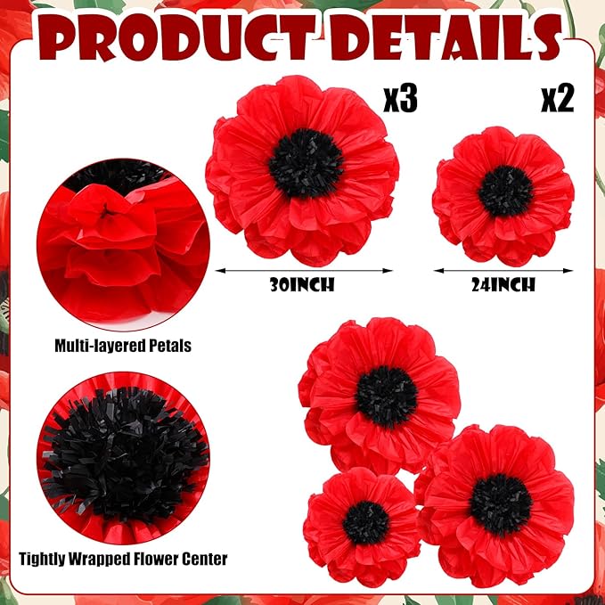 Chunful 5 Pcs 30'' 24'' Giant Red Paper Poppy Flowers Wizard Party Decoration Large Hanging Tissue Paper Poppies Pom Poms Decor for Memorial Day Halloween Veterans Day Carnival Witch Birthday