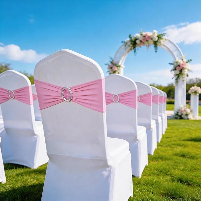 Spandex Pink Chair Sashes 50 Pack Light Pink Chair Bows Bands with Silver Buckle for Wedding Birthday Party Baby Shower Anniversary Engagement Christmas Events Decorations