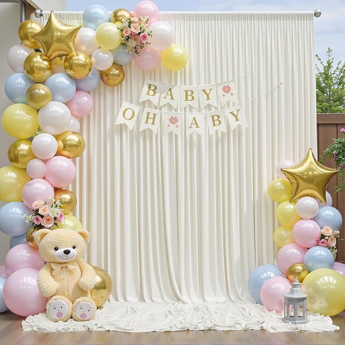 60ft x 10ft Wrinkle Free Ivory Backdrop Curtain for Parties, 12 Panels 5x10ft Silky Polyester Ivory Wedding Backdrop Drapes Photo Back Drop Cloth for Birthday Baby Shower Photography Background