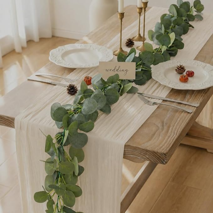 Leinuosen 8 Set 10 Ft Ivory Cheesecloth Table Runner Wedding Decor with 6 Ft Eucalyptus Garland, Boho Gauze Table Centerpiece Runner for Wedding Baby Shower Birthday Party Decoration
