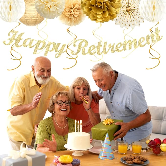 Beige-Gold Happy Retirement Party Decorations Banner Women Men Huglony | 21pcs Retiree Farewell Banner,Streamers,Paper Lanterns,Pom Poms Fans,Work Teacher Retirement Supplies Backdrop Favors