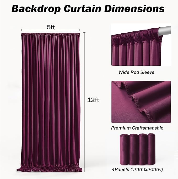 20ft×12ft Burgundy Backdrop Curtains for Wedding Parties, 4 Panels Wrinkle Free Polyester Photo Backdrop Drapes Back Drop Cloth for Birthday Photography Background