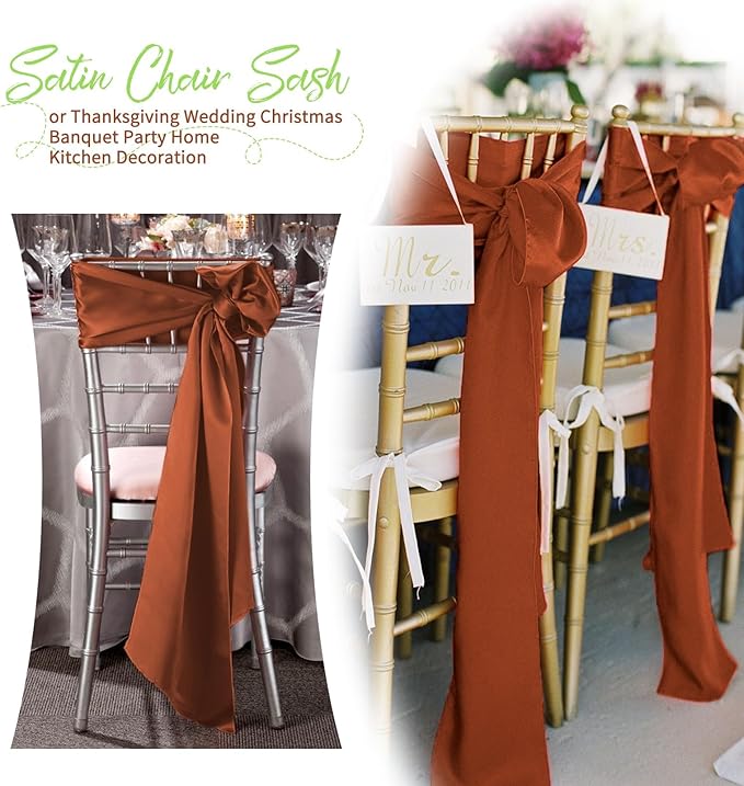 120 PCS Terracotta Satin Chair Sashes, Ties Bows Designed Chairs Decorative, Chair Cover Sashes for Thanksgiving Wedding Christmas Banquet Party Home Kitchen Decoration (7 x 108 inch)