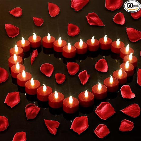 Tea Light, 50 Pack Flameless LED Tea Lights Candles Flickering red 200+ Hours Battery-Powered Tealight Candle. Ideal for Party, Wedding, Birthday, Gifts and Home Decoration (Red)