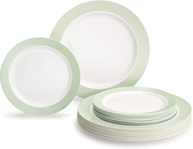 " OCCASIONS " 100 Plates Pack,(50 Guests) Heavyweight Wedding Party Disposable Plastic Plates -50x10.25'' Dinner +50x7.5'' Salad/Dessert (Rio Collection White & Pearled Green)