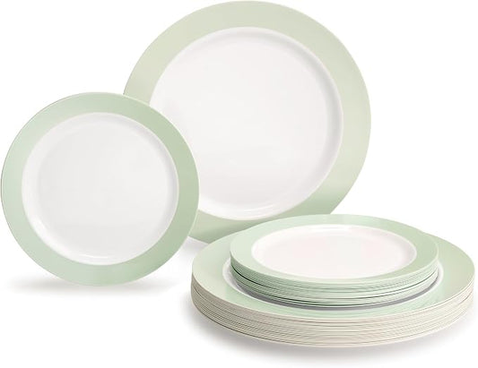 " OCCASIONS " 100 Plates Pack,(50 Guests) Heavyweight Wedding Party Disposable Plastic Plates -50x10.25'' Dinner +50x7.5'' Salad/Dessert (Rio Collection White & Pearled Green)