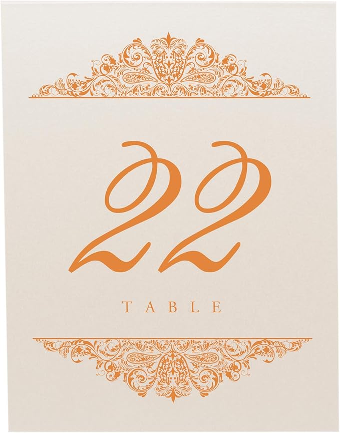 Paisley Wedding Table Numbers (Select Color/Quantity), Champagne, Orange, 1-90, Double Sided, Tent or Use in a Stand, Great for Parties & Restaurants - Made in the USA