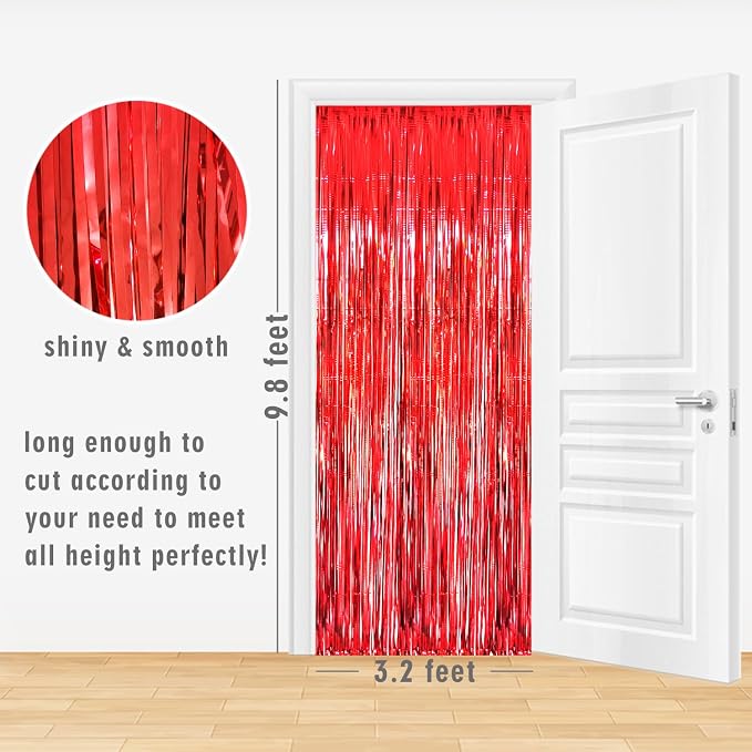 GOER 3.2 ft x 9.8 ft Metallic Tinsel Foil Fringe Curtains,Party Streamer Backdrop for Birthday,Graduation Decorations and New Year Eve (2 Packs,Red)