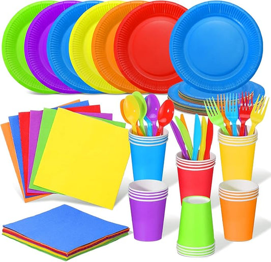Jinei 168 Pcs Disposable Rainbow Party Supplies Set 7 Inch 9 Inch Colorful Paper Plates Napkins Cups Plastic Tableware Forks Spoons Knives for 24 Guests for Rainbow Theme Birthday Party Wedding