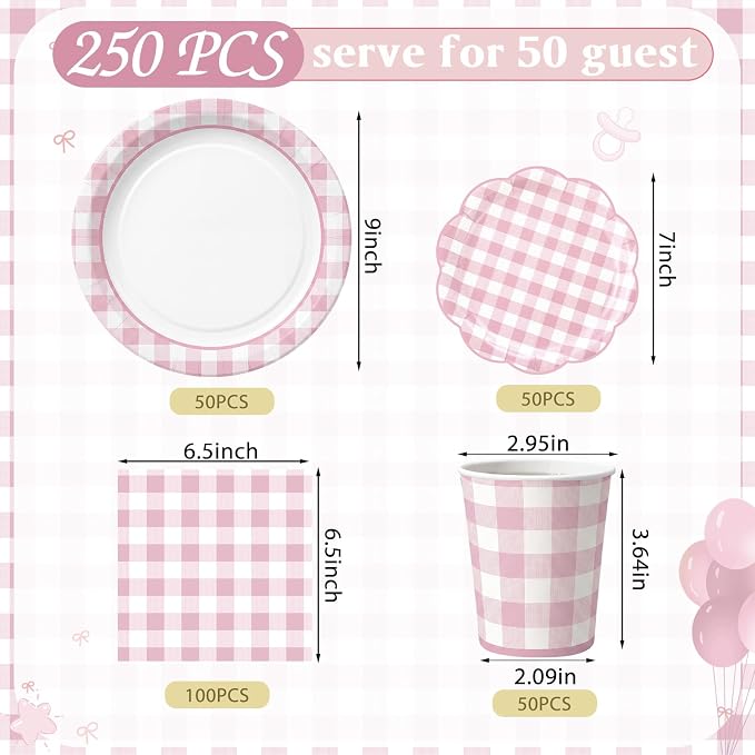 Funnymoom 250 Pcs Pink Gingham Paper Plates and Napkins Party Supplies Pink White Checkered Disposable Plaid Tableware Set Scalloped Dessert Plates for Wedding Bridal Shower Picnic Party Decorations