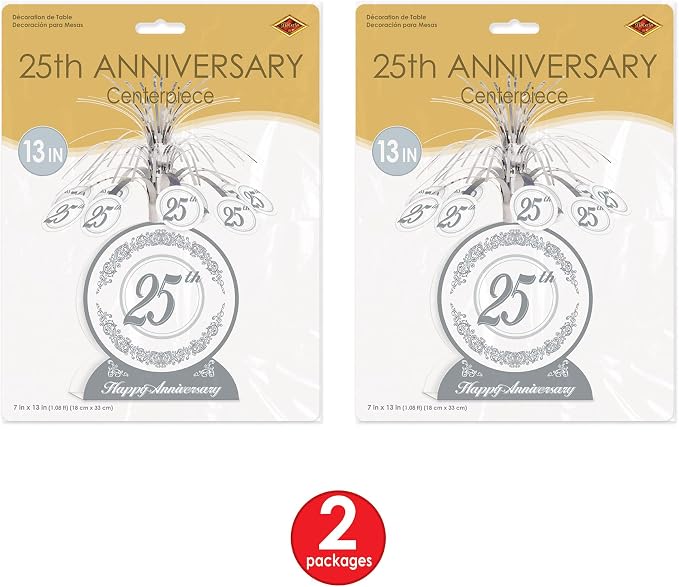 Beistle S50513AZ2 25th Anniversary Centerpieces 2 Piece, 13", Silver/White