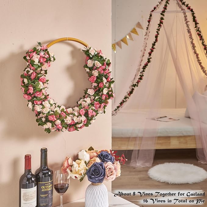 8pcs x 8.2ft Artificial Flower Garland Floral Rose Vine Decor, Pink Flowers | PONKING Fake Rose Vine Flowers Hanging Faux Roses String for Room Party Home Wedding Birthday Wall Arch Decoration