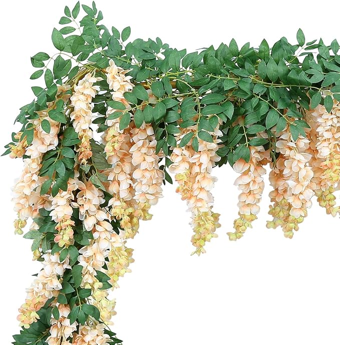 1pc/2pcs Encrypted Flower Vine Wisteria Artificial Flowers Garland,White Wisteria Hanging Flowers Garland Decorations for Home Garden Outdoor Ceremony Wedding Arch Decoration (Champagne Color, 2pcs)