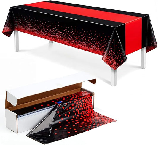 Peryiter 1 Roll 100 ft x 54 Inch Red and Black Tablecloth Party Decorations, Plastic Black Table Cloth Printed Gold Table Runner Disposable Rectangle Tables Cover for Birthday Graduation Party