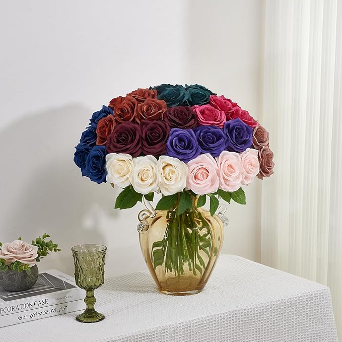 50pcs Emerald Green Roses Artificial Flowers Bulk,Fake Roses Silk Flower with Stems Realistic Flowers for Wedding Centerpiece Home Party Decor