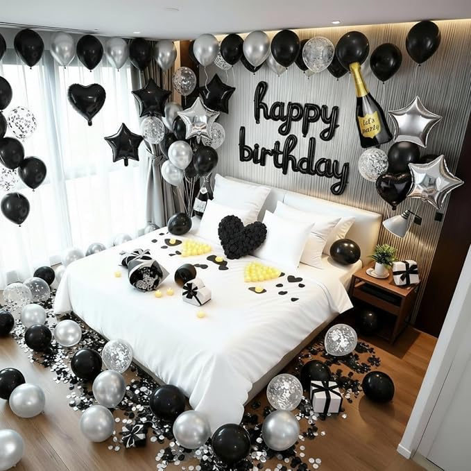Realspring 175 Pcs Black Happy Birthday Balloons Decorations Set Black and Sliver Birthday Letters Banner with LED Candle Star Balloons 5000 Rose Petals for Surprise Party Room Decor Men Women