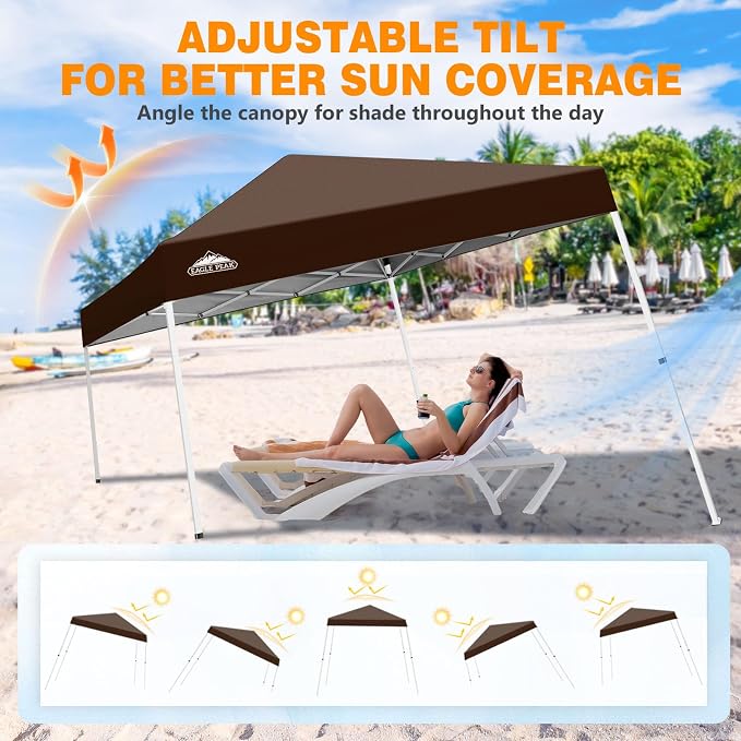 EAGLE PEAK 10x10 Slant Leg Pop-up Canopy Tent Easy One Person Setup Instant Outdoor Beach Canopy Folding Portable Sports Shelter 10x10 Base 8x8 Top (Brown)