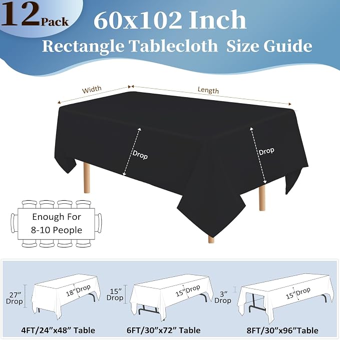 12 Pack Black Tablecloths 60x102 Inch Table Cloths for 6 Foot Rectangle Tables, Wrinkle Resistant Washable Rectangular Fabric Table Cover for Dining Wedding Banquet Camping Party
