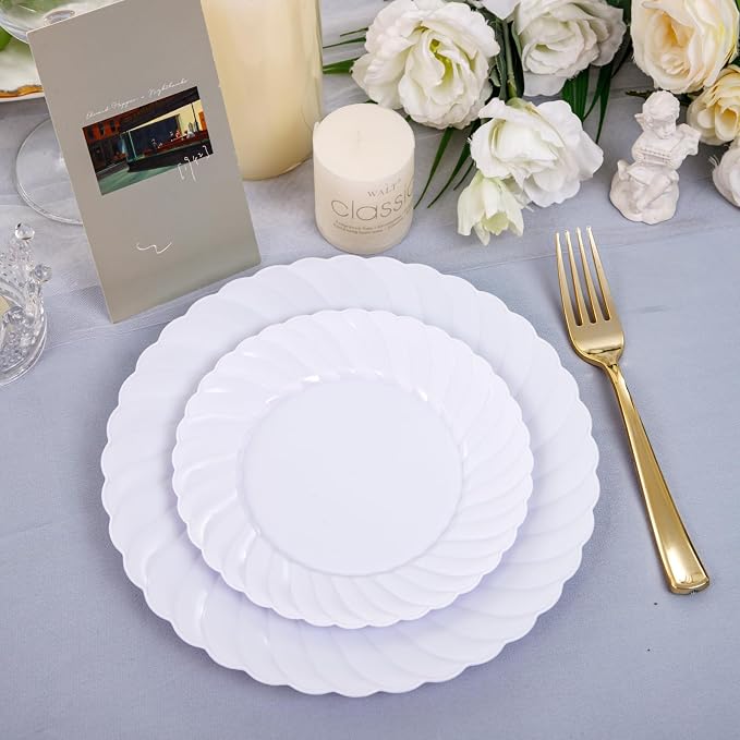 U-QE 100 Pieces White Plastic Plates - Premium White Disposable Plates for Wedding and Party Use Including 50PCS 9 '' Dinner Plate & 50PCS 6.5 '' Dessert Plate