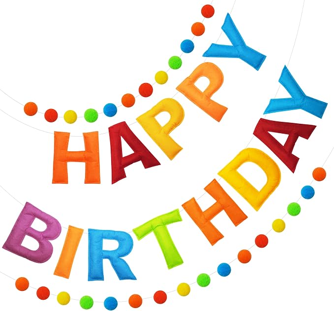 2 PCS Pre-Strung 3D Felt Happy Birthday Banner - Reusable Rainbow Happy Birthday Decorations Sign, Felt Ball Garland, Pom Pom Garland, Party Decor, Photo Prop（Retro Cartoon Color Scheme）