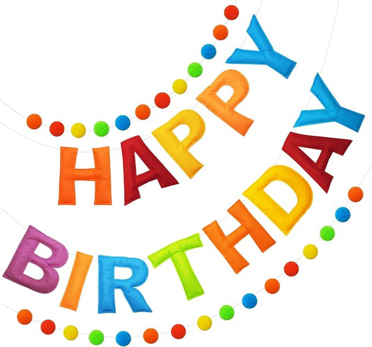 2 PCS Pre-Strung 3D Felt Happy Birthday Banner - Reusable Rainbow Happy Birthday Decorations Sign, Felt Ball Garland, Pom Pom Garland, Party Decor, Photo Prop（Retro Cartoon Color Scheme）