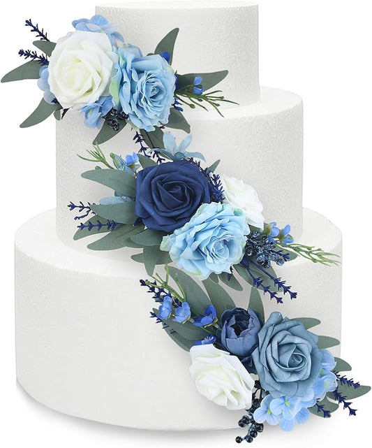Rinlong 3Pcs Pre-made Cake Flowers, Navy Blue Cake Decorations, Wedding Cake Decorating Flowers, Birthday Baby Shower Baptism Blue Cake Toppers