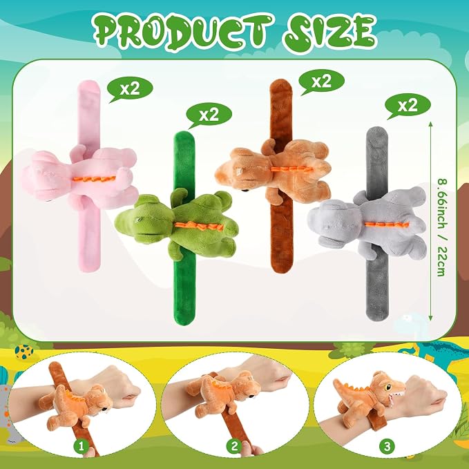 Lenwen 8 Pcs Stuffed Dinosaur Animals Slap Bracelets for Kids 8.66 Inch Back to School Plush Animal Bracelets Adopt a Dinosaur Party Favors Wrist Slap Snap Band Toy for Boys Girls Birthday Gifts