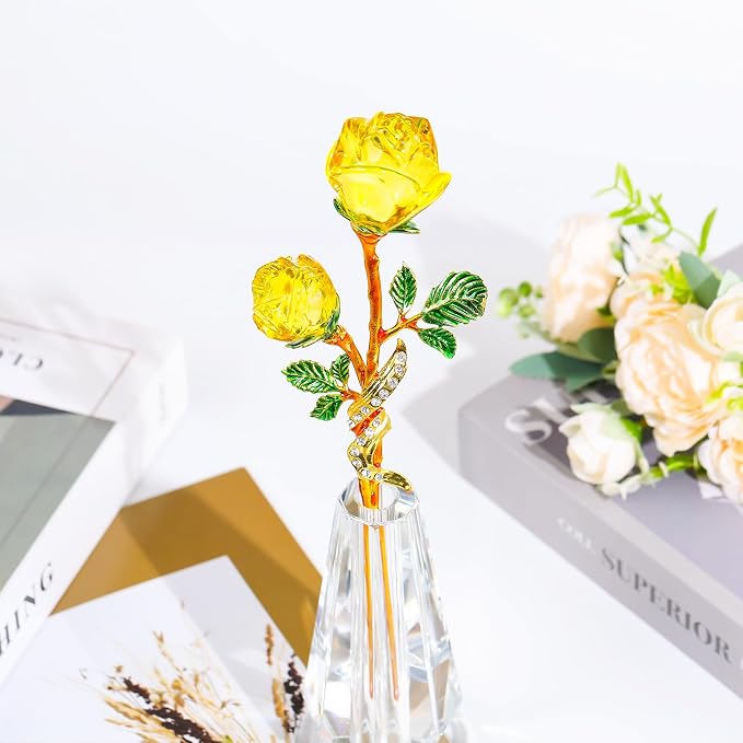 YWHL Handmade Yellow Rose Flower Crystal Figurine with Vase, Bouquet Glass Flowers Ornament Rose Gifts for Women Mom Wife, Crystal Flowers Home Decor for Anniversary Mother's Day Wedding