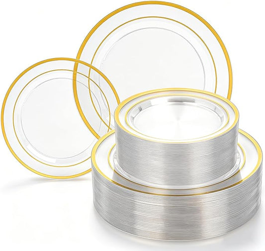 HOMIP 200PCS Clear and Gold Plastic Plates, Disposable Party Plates with 100 Dinner Plates 10" and 100 Dessert Plates 7", Plastic Plates for Party, Wedding and Birthday